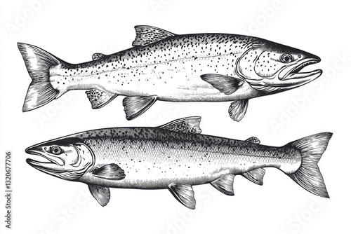 Fish illustrations of salmon and trout: vintage engravings showcasing classic linear styles and intricate ink drawings ideal for nature aficionados and seafood enthusiasts