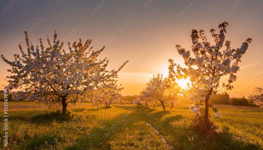 Fototapeta premium Orchard meadow with blooming trees at sunset in spring