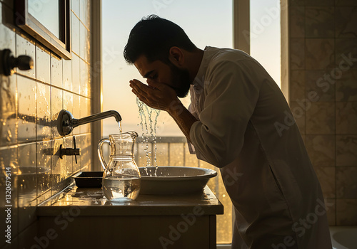 Man Performing Wudu (Ablution) Before Prayer