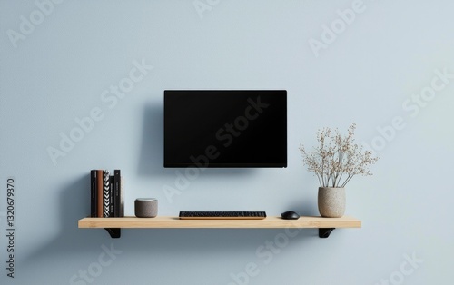 Modern minimalist living room interior with a flat screen TV mounted on a light blue wall above a rustic wooden shelf. A vase with dried branches, books and small decor items are arranged on the