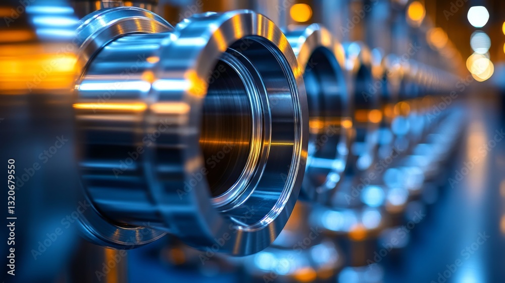 Fototapeta premium Close-up view of finely crafted aluminum and steel components aligned in a manufacturing facility. The assembly line highlights advanced automation and engineering technologies used in production.