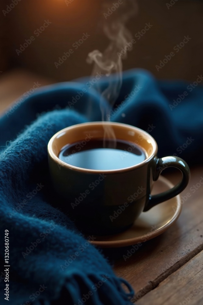 Aromatic Coffee Steaming in a Dark Mug on Wooden Surface with a Soft Blue Blanket Aromatic Coffee Steaming in a Dark Mug on Wooden Surface with a Soft Blue Blanket