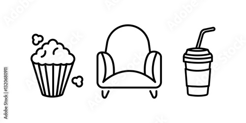 Set of cinema-related icons showcasing various aspects of the film industry. The collection is perfect for use in movie-related design, cinema advertising and film content. Vector illustration