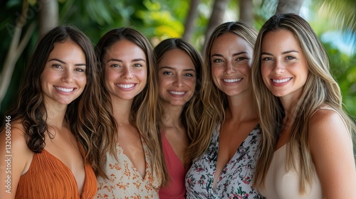 women empowerment workshop. Five women smiling together outdoors in a tropical setting.