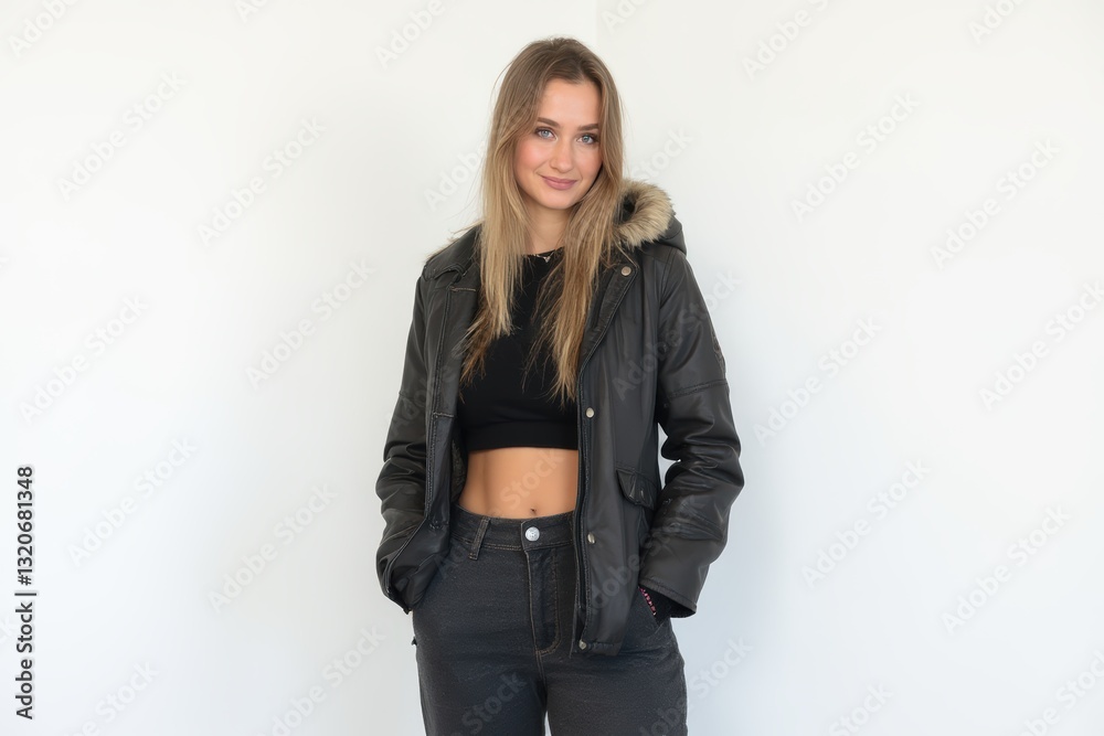 Half-Length (Waist-Up) portrait of young stylish smiling Icelander female model in punk wear isolated on pure white background looking at camera Half-Length (Waist-Up) portrait of young stylish smiling Icelander female model in punk wear isolated on pure white background looking at camera