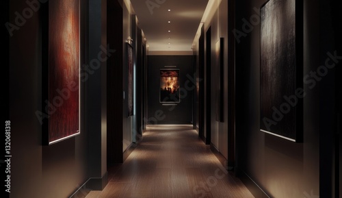 Dark hotel hallway with art and subtle lighting.  Possible use interior design, mystery, or suspense