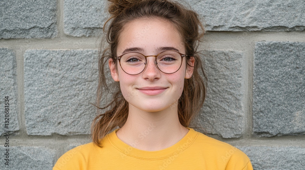 A girl wearing glasses and a yellow shirt A girl wearing glasses and a yellow shirt