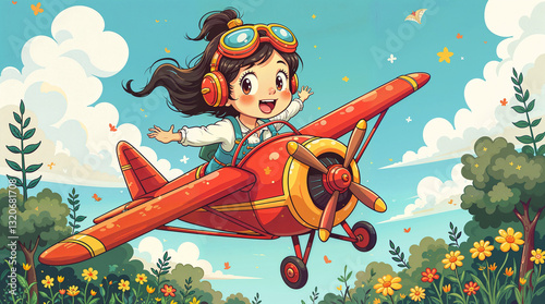 cheerful girl pilot flies on a plane . Generative AI