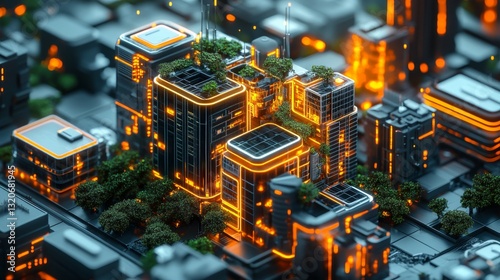 futuristic glowing mini 3d isometric eco smart  architecture building landscape model