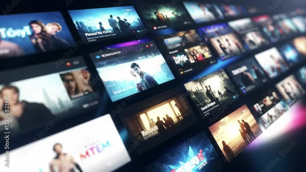 Streaming service interface showing multiple movie and TV show thumbnails, digital entertainment platform interface with dark background, content selection screen