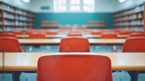 blurred classroom with red chairs and bookshelves creates focused yet serene atmosphere for learning. arrangement invites students to engage in study and exploration