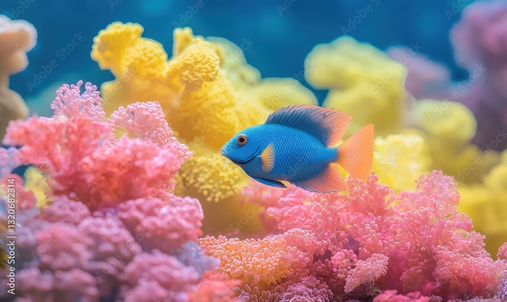 Fototapeta premium Close-up of a vibrant coral reef with blue fish underwater scene