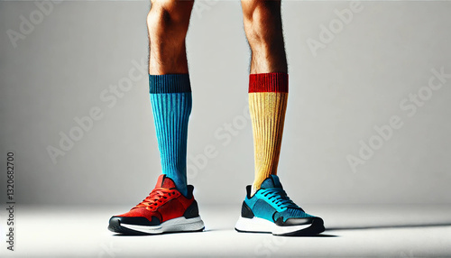 A person wearing sports shoes with different colors of socks; Colorful socks mismatched socks with sporty shoes; lifestyle fashion, sporty