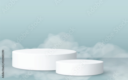 Two white cylinder podiums vector, different heights. Product showcase, presentation platform. Clean, minimalist design. Light blue background with cloud-like effects. Perfect for product mockups