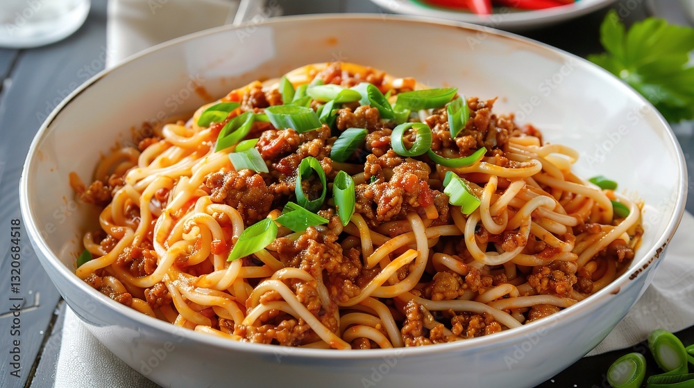 A plate of appetizing noodles with soy bean paste is presented. The noodles are long and chewy, topped generously with a rich and savory soy bean paste sauce. Mixed within the sauce are small pieces o A plate of appetizing noodles with soy bean paste is presented. The noodles are long and chewy, topped generously with a rich and savory soy bean paste sauce. Mixed within the sauce are small pieces o
