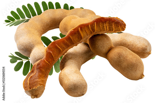 Sweet tamarind with leaf a tropical fruit with a sweet and sour taste on white background , Tamarind tropical fruit isolate on white PNG file.