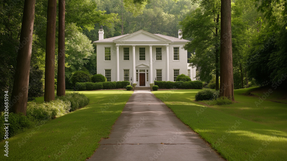 White neoclassical mansion with garden and driveway White neoclassical mansion with garden and driveway