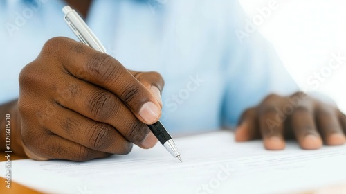 A man is writing with a pen on a piece of paper
