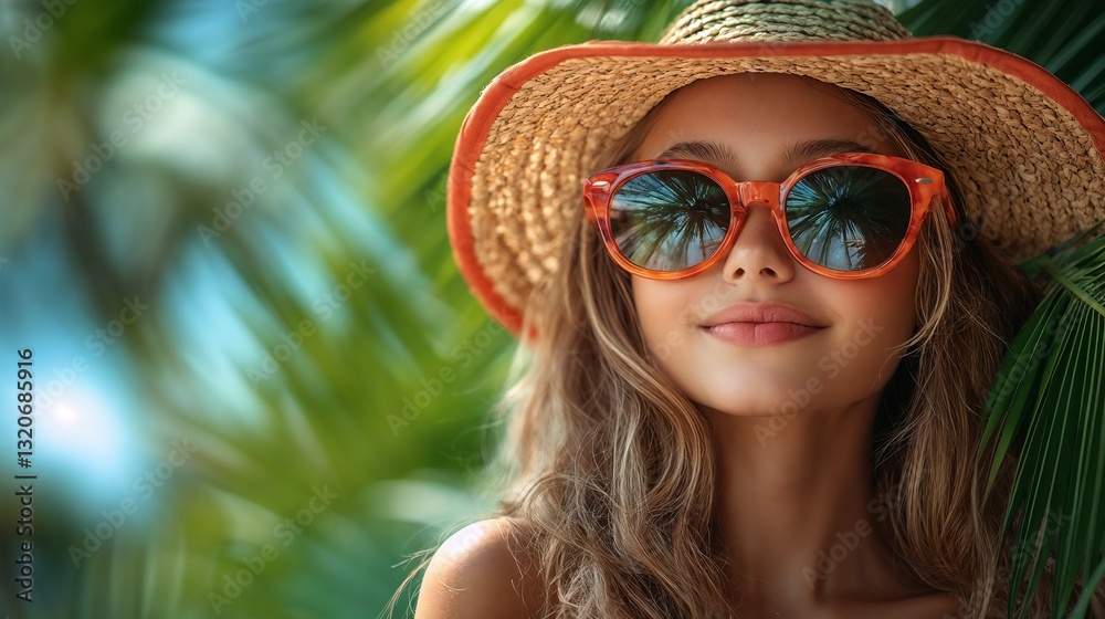 Smiling woman in straw hat and sunglasses near palm leaves Smiling woman in straw hat and sunglasses near palm leaves