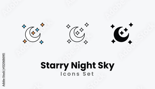 Starry Night Sky Icons thin line and glyph vector icon stock illustration