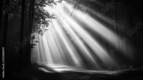Black and white forest path with dramatic light rays streaming through trees. Mystical atmosphere