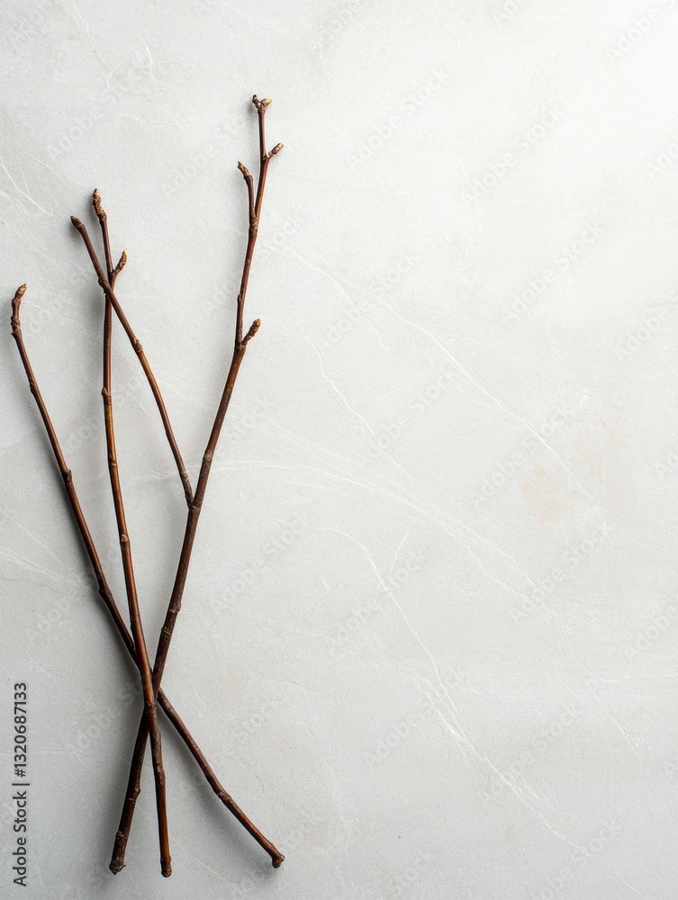 Obraz premium Bunch of twigs arranged in a horizontal line on a white background. the twigs are of different lengths and widths, with the longest one at the top and the shortest at the bottom.