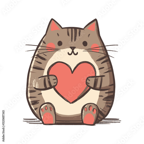Sitting Cartoon Cat Holding a Heart — Full-Body Vector Funny Childish Cartoon Illustration