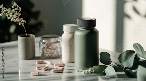 Natural supplement bottles and capsules on marble surface