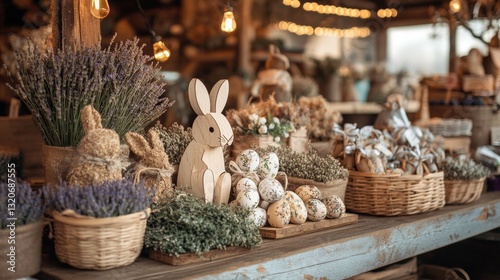 Charming rustic easter market stall display with decorative eggs and festive decorations