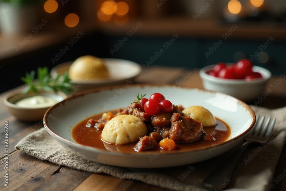 Savory Stew with Tender Meat, Fluffy Dumplings, and Sweet Berry Garnish Served on Rustic Wooden Table Savory Stew with Tender Meat, Fluffy Dumplings, and Sweet Berry Garnish Served on Rustic Wooden Table