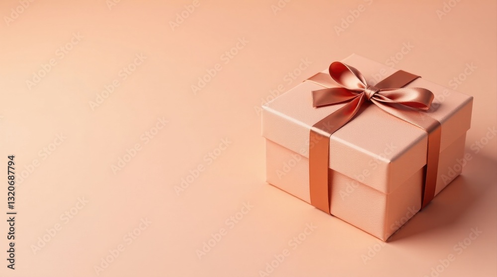 Obraz premium A delicately wrapped present, a blush pink gift box adorned with a copper ribbon bow, sits elegantly on a matching pastel surface.