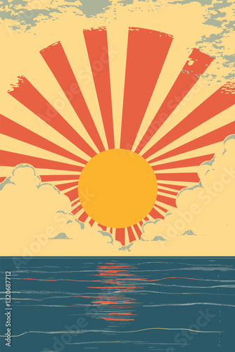 Photography Colorful vintage travel poster with rays of the setting sun, clouds and the sea