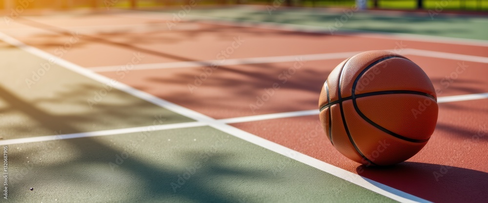 Naklejka premium Outdoor basketball court with ball and sunlight reflections for sports and recreation concepts