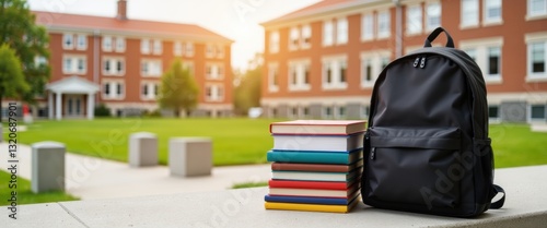 Back to school concept with backpack and stack of books on campus with copy space