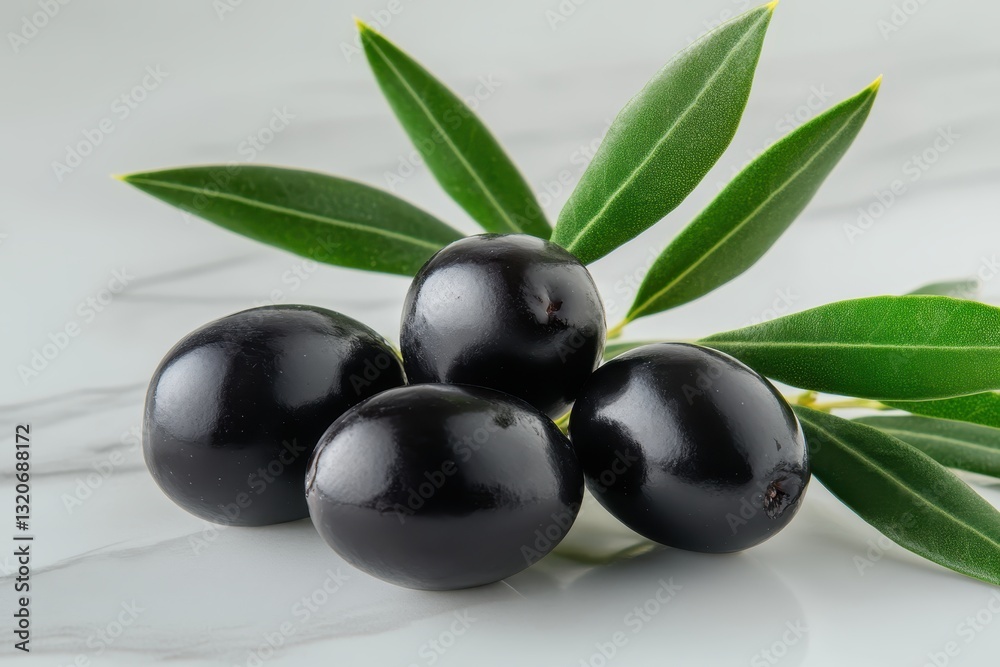 Fresh Black Olives with Green Leaves on a Marble Surface for Culinary and Healthy Living Fresh Black Olives with Green Leaves on a Marble Surface for Culinary and Healthy Living