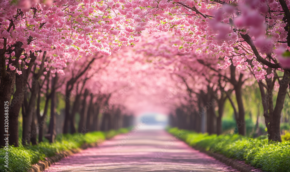Fototapeta premium long cherry blossom avenue in spring season with pink blossoms