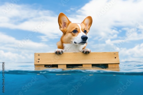 A Corgi dog on a wooden raft in blue water, looking ahead, under a cloudy blue sky.
