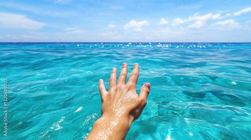 Hand reaching out of vibrant turquoise ocean water, under a sunny sky. Hand reaching out of vibrant turquoise ocean water, under a sunny sky.