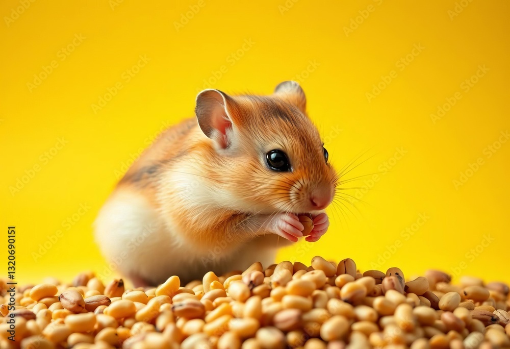 Tiny hamster nibbling seeds, bright yellow backdrop, hamster on yellow, adorable hamster Tiny hamster nibbling seeds, bright yellow backdrop, hamster on yellow, adorable hamster