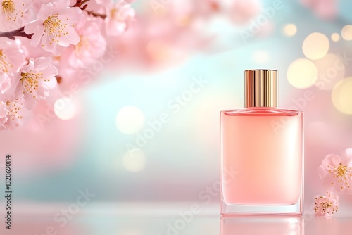 Pink perfume bottle with cherry blossoms