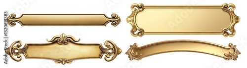 Set of golden nameplates with vintage designs, isolated on transparent cutout background