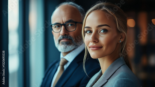 Two confident business professionals in formal attire, embodying professionalism and collaboration.