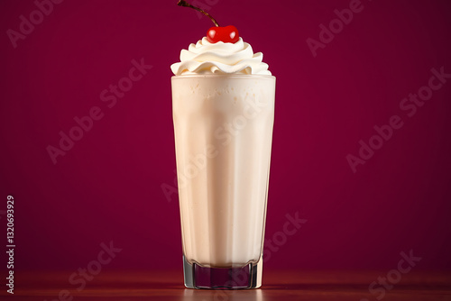 Thick milkshake stock-image in a tall glass, topped with creamy whipped cream and a bright cherry, offering a nostalgic and indulgent treat perfect for a refreshing dessert or sweet snack.