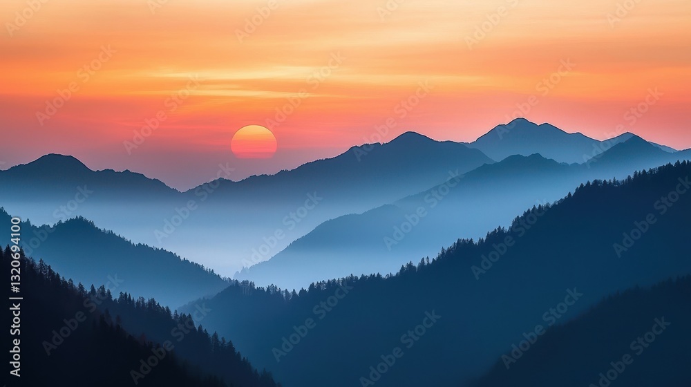 Fototapeta premium A mountain range with a blue sky and a sun in the background