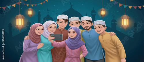 Diverse Muslim Friends Taking a Selfie During Eid Celebrations