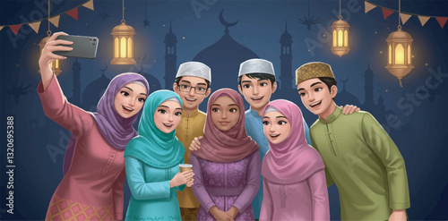 Diverse Muslim Friends Taking a Selfie During Eid Celebrations