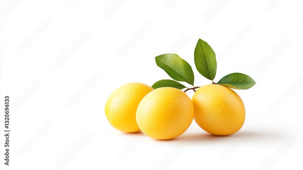Fresh yellow eggs with green leaves on a white background Fresh yellow eggs with green leaves on a white background
