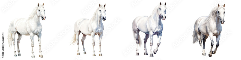 Obraz premium A majestic herd of pristine white horses galloping freely through a lush idyllic countryside landscape of rolling meadows and fields The graceful