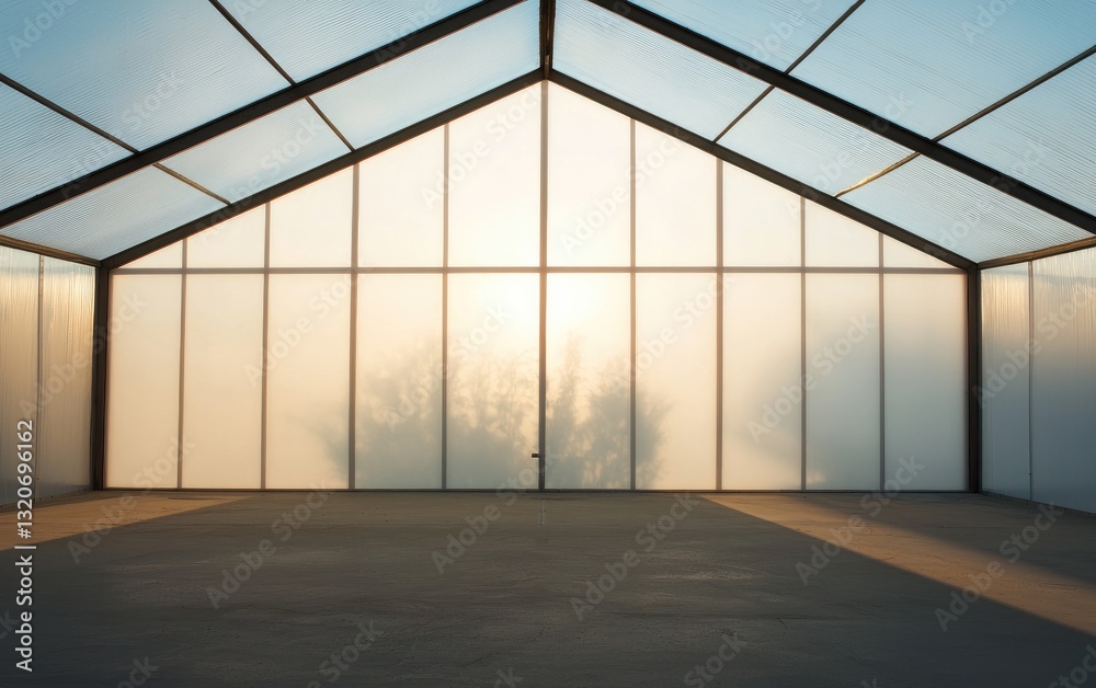 Fototapeta premium Empty greenhouse interior at sunrise, showcasing a translucent glass structure with a tree shadow cast on the floor. Warm, soft light illuminates the space