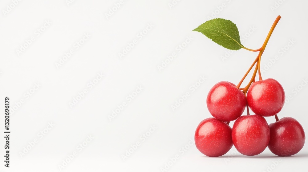 Obraz premium Fresh red cherries with green leaf on white background
